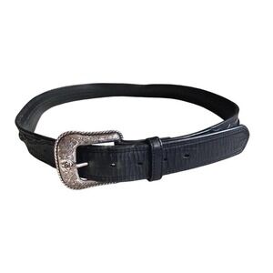 Ariat Mens Black Genuine Leather Western Belt‎ Silver Engraved Buckle Size 42